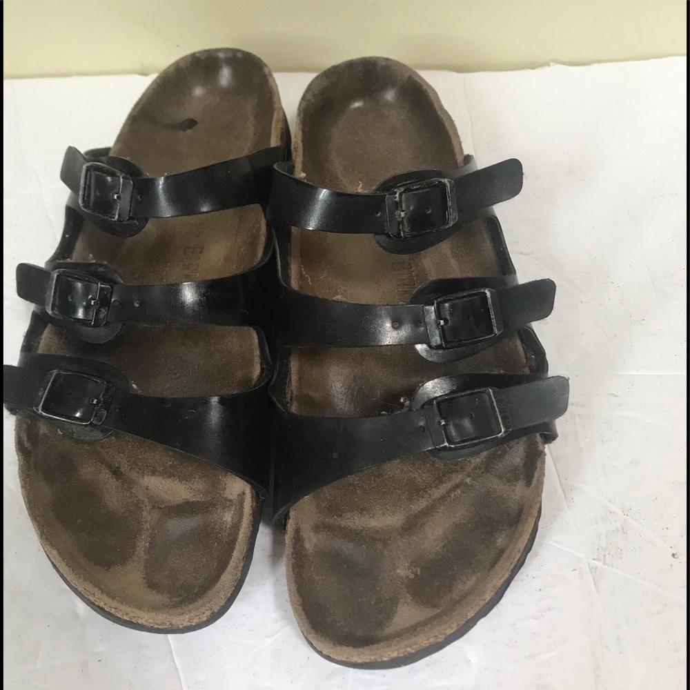 BIRKENSTOCK 3 Strap Florida Leather Patent Sandals Slides Mules Cork Thong Flats